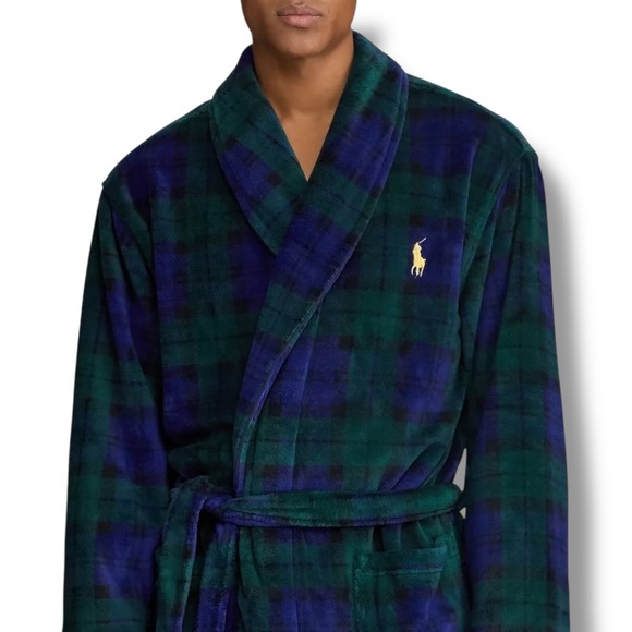 Polo Ralph Lauren Robe Mens L/XL Large Extra Large Plaid Shawl Collar Blue Green - Picture 4 of 9